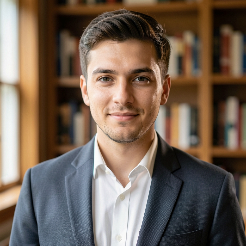 Tobias Ashcroft, editorial advisor, portrait in a well-lit study