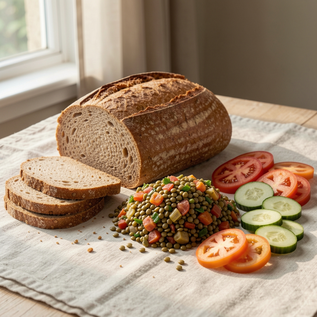 A spread of whole grain bread, lentil salad and sliced vegetables on a pale linen surface in afternoon window light