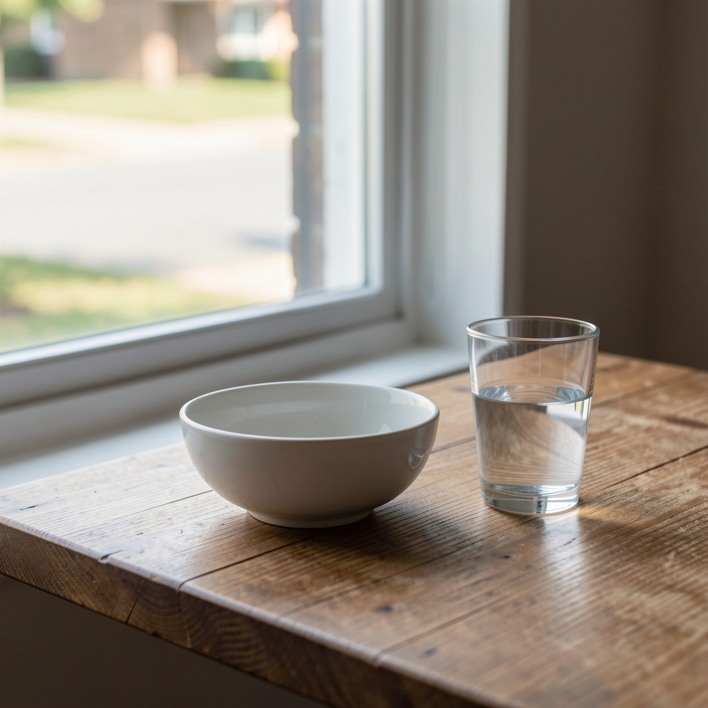 Simple lunch setting with a bowl and water glass on a wooden table beside a window, unhurried composition